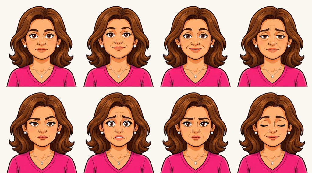 Eight drawn portraits of Emma in one row: neutral, quietly proud, warm, exhausted, guarded, overwhelmed, wary, relieved.