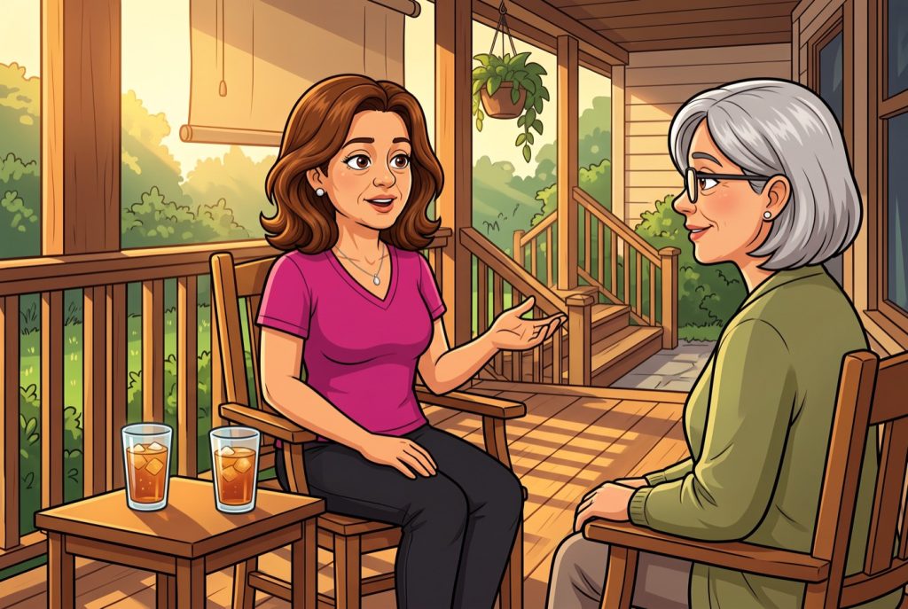 Emma sitting on a porch in the late afternoon, mid-sentence, talking with an older grey-haired woman over two glasses of iced tea.