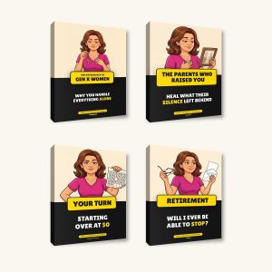 All four ebooks shown as books side by side: The Psychology of Gen X Women, The Parents Who Raised You, Your Turn, and Retirement for Gen X Women.