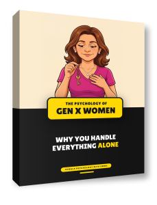 The ebook The Psychology of Gen X Women shown as a book: Emma holding her latchkey, the title on a yellow label, the subtitle Why You Handle Everything Alone below.