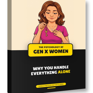 The ebook The Psychology of Gen X Women shown as a book: Emma holding her latchkey, the title on a yellow label, the subtitle Why You Handle Everything Alone below.