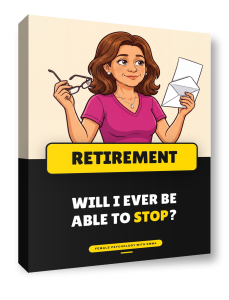 The ebook Retirement for Gen X Women shown as a book: Emma holding her reading glasses and an opened envelope, with the subtitle Will I Ever Be Able to Stop?