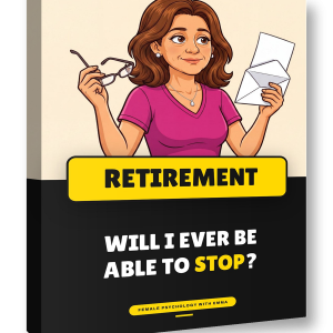The ebook Retirement for Gen X Women shown as a book: Emma holding her reading glasses and an opened envelope, with the subtitle Will I Ever Be Able to Stop?