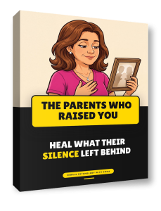 The ebook The Parents Who Raised You shown as a book: Emma holding an old framed photograph, with the subtitle Heal What Their Silence Left Behind.