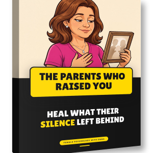 The ebook The Parents Who Raised You shown as a book: Emma holding an old framed photograph, with the subtitle Heal What Their Silence Left Behind.